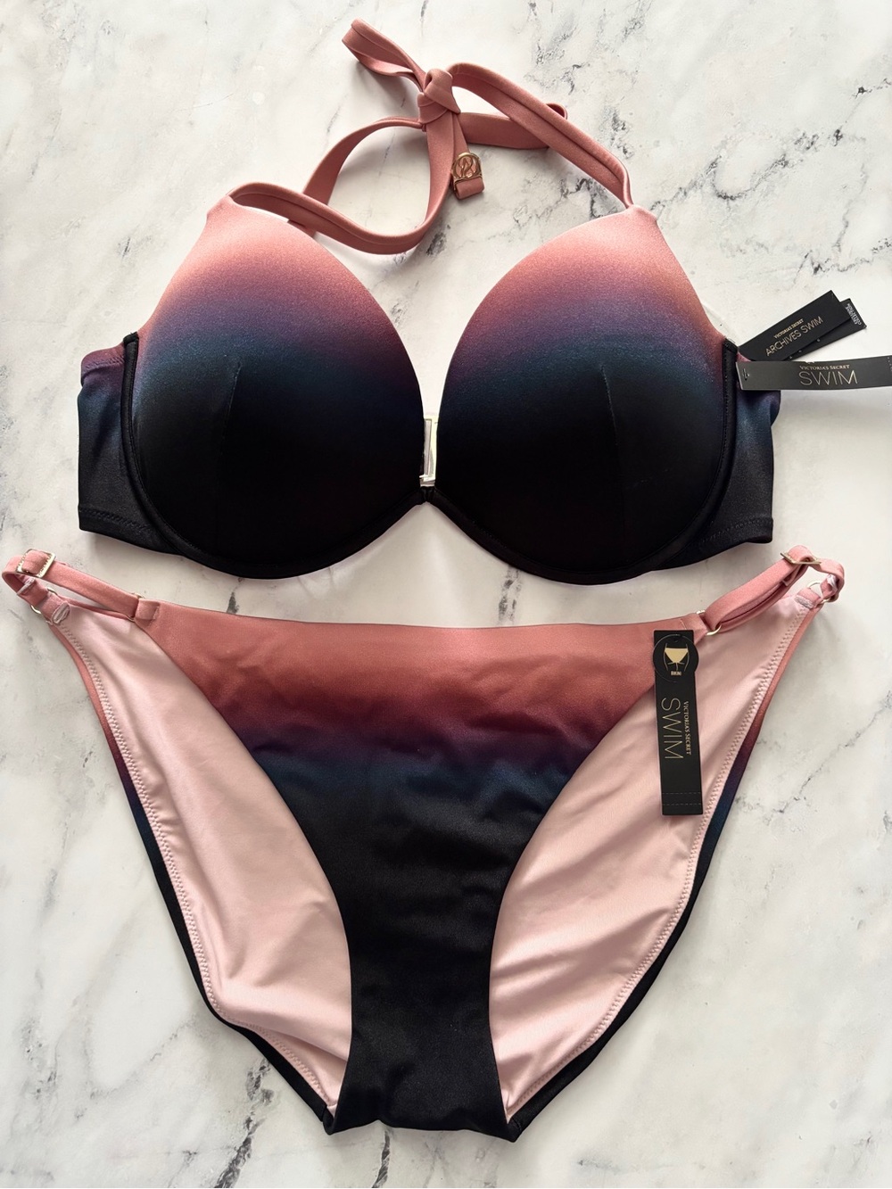 Victoria's Secret Swim Bikini Set Nwt Ombre Push Up Top String Bottom 36DD / XL